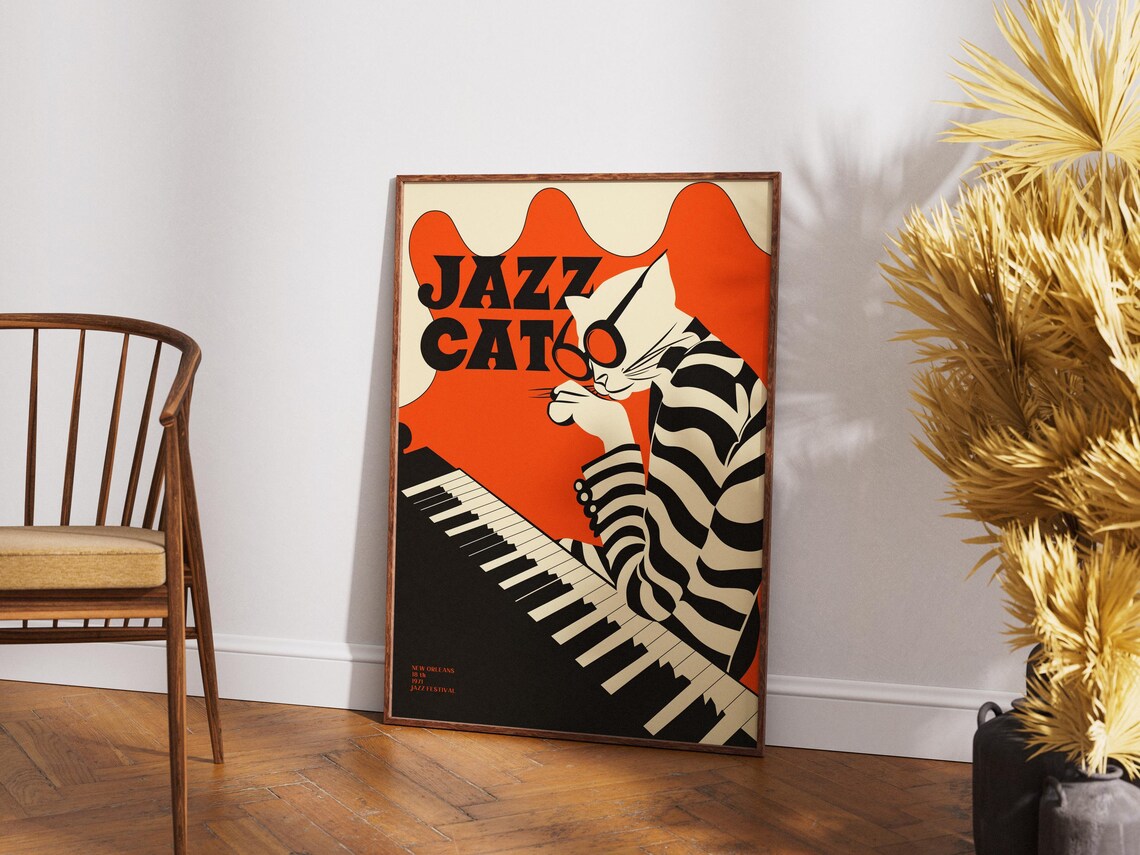 Jazz Cat Piano Player New Orleans Retro Music Festival 1961 Poster