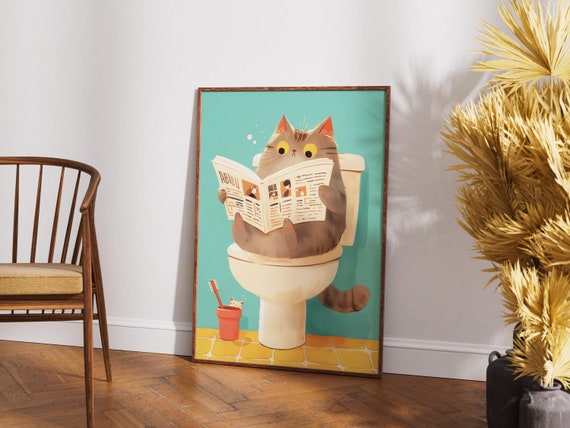 Cat On Toilet Poster Trendy Cat Poster Bathroom Cat Print Funny Poster Funny Print Toilet Wall Art Funny Cat Poster Cat Reading Poster