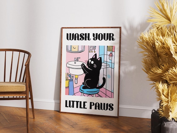 Wash Your Little Paws Cute Black Cat Bathroom Sink Funny Poster