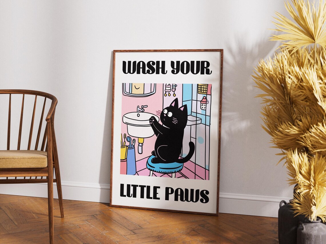 Wash Your Little Paws Cute Black Cat Bathroom Sink Funny Poster