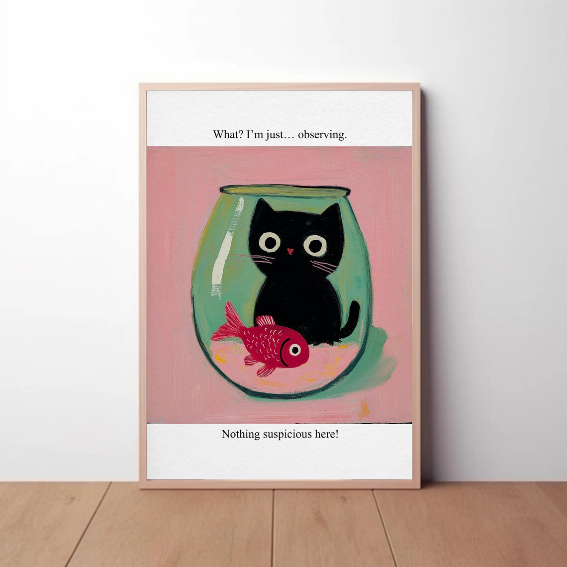 Funny Black Cat Fishbowl Red Fish Just Observing Humor Art Poster