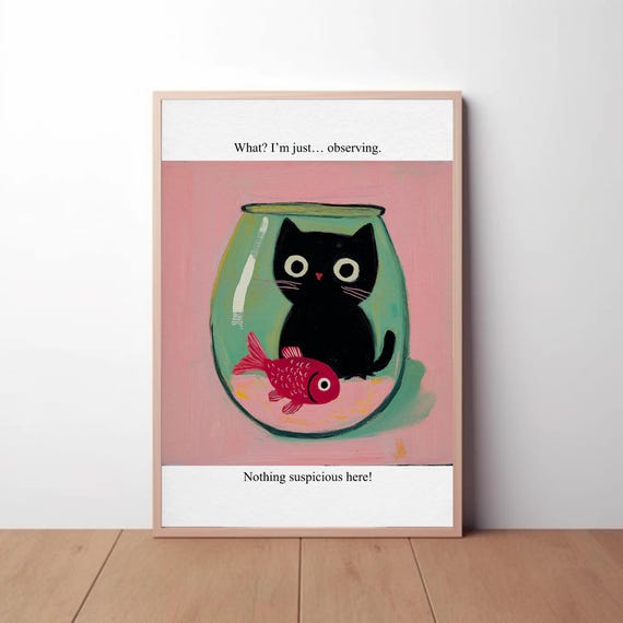Poster Cat And Red Fish Fun Black Cat Poster Cute Kitten Illustration Cat Lover Gift Funny Cat Poster Wall Art For Pet Lovers