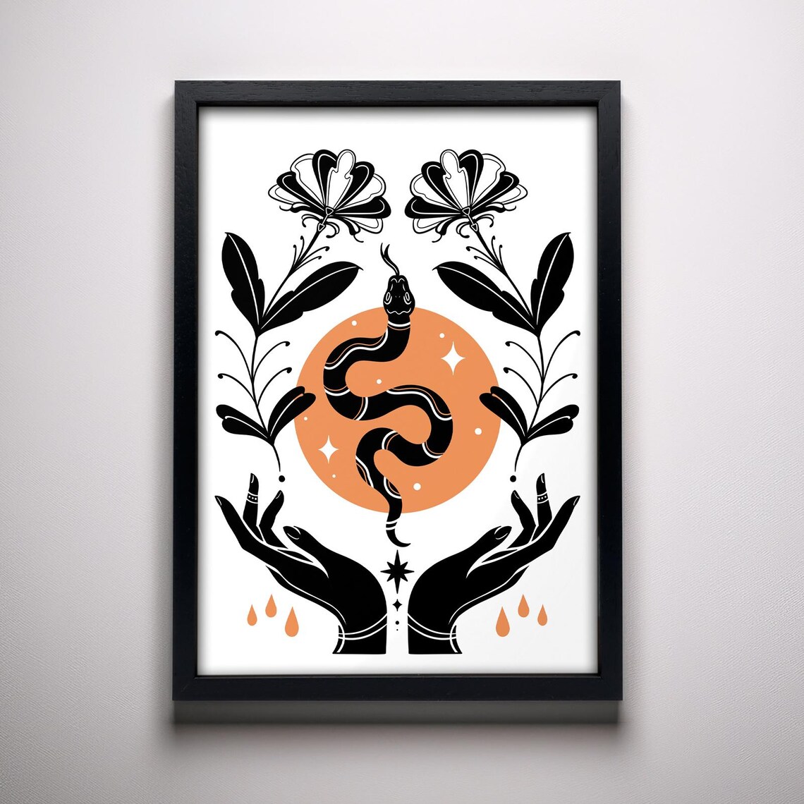 Mystical Snake Flowers And Hands, Symmetrical Art Print