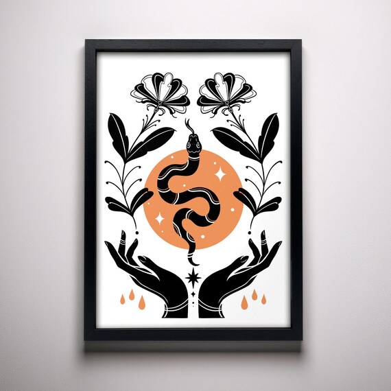 Mystical Snake Flowers And Hands, Symmetrical Art Print