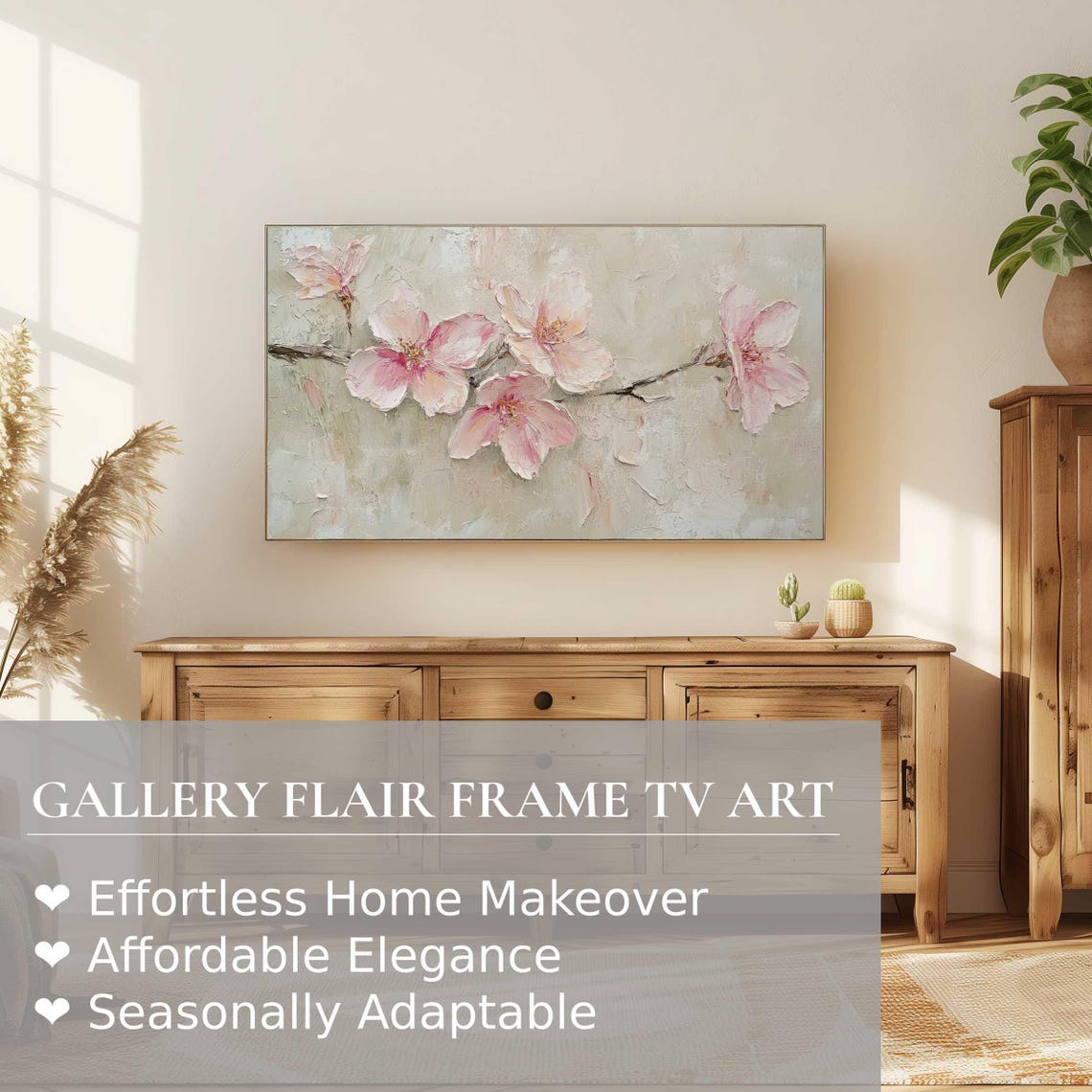 Pink Cherry Blossom Branch Textured Impasto Oil Painting Poster - Image 2