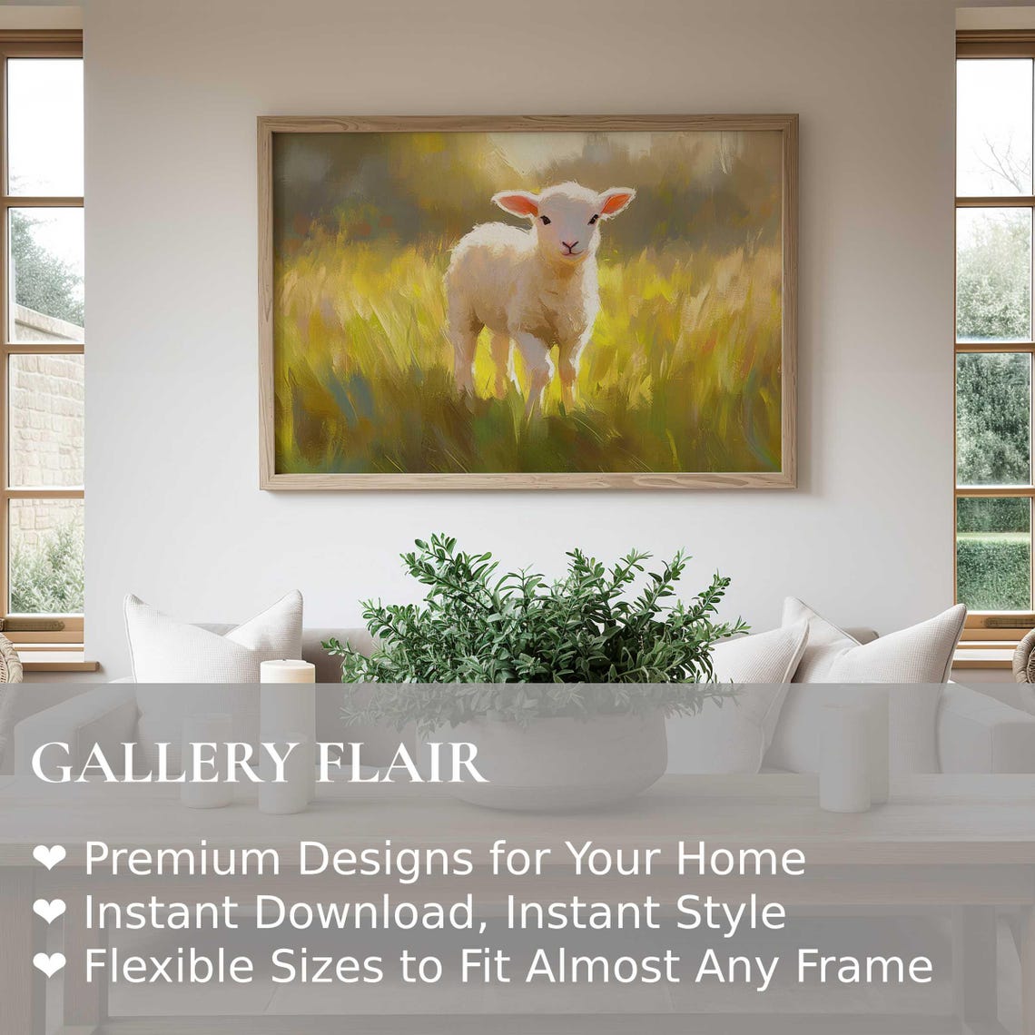 White Lamb Sunlit Green Meadow Spring Oil Painting Animal Poster - Image 2