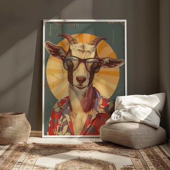 Retro Goat In Hawaiian Shirt Print Funny Animal Art