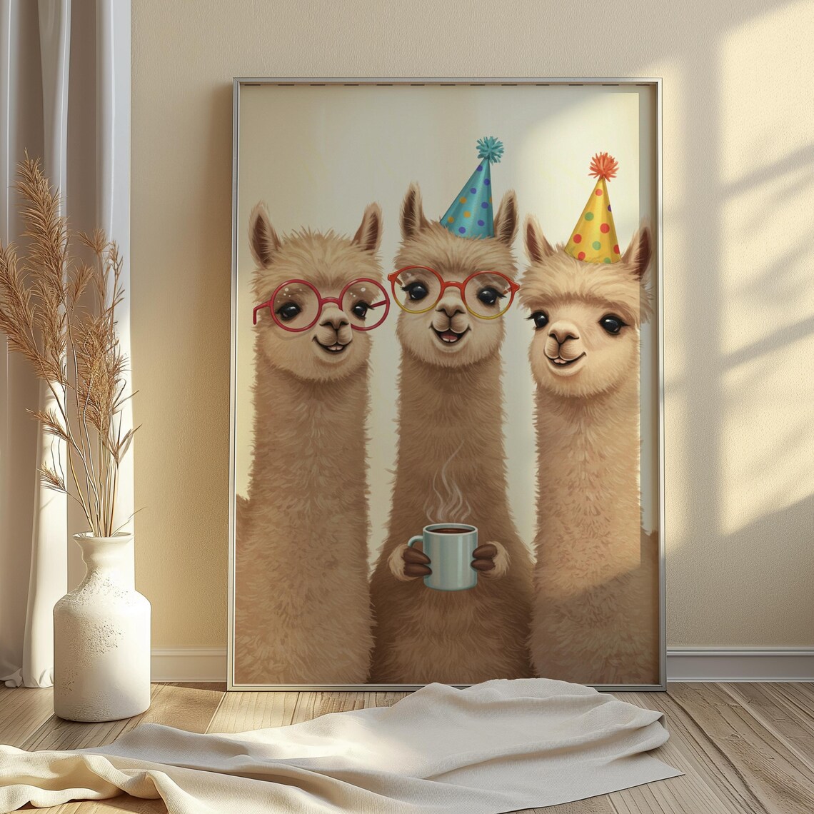 Party Alpacas With Coffee Funny Birthday Party Animal Wall Poster