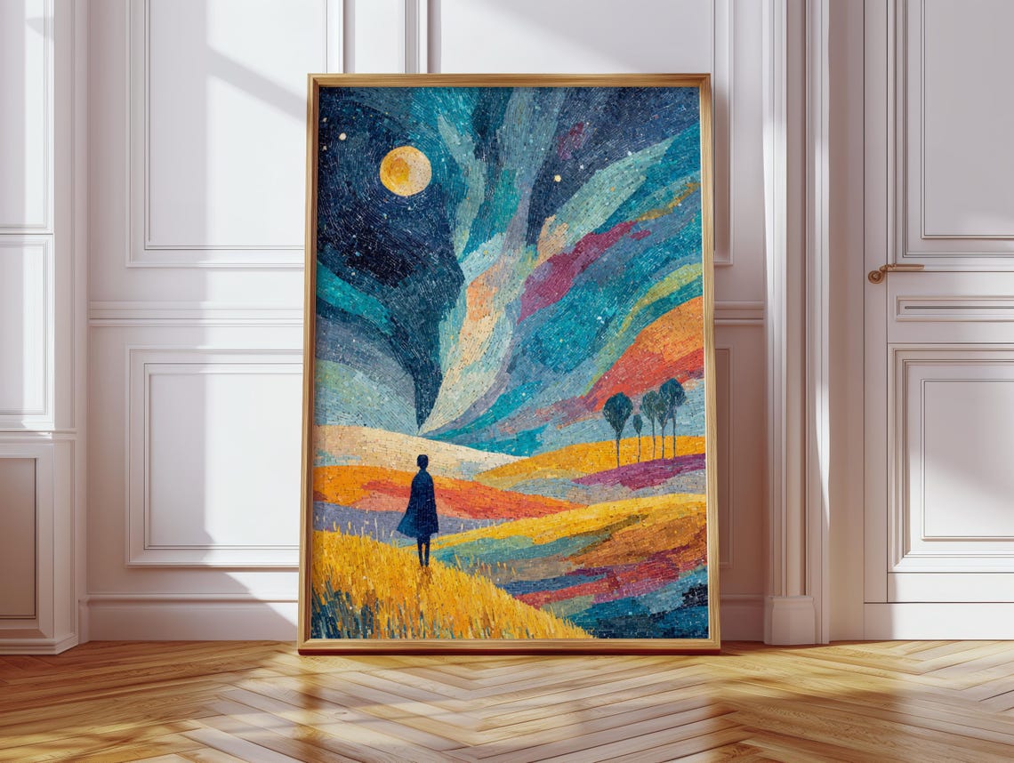 Mosaic Night Landscape Lone Figure Golden Moon Colorful Field Poster