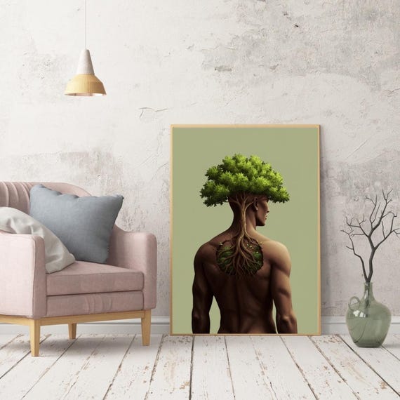 Surreal Tree Man Print Human Nature Wall Art Conceptual Roots Poster Mindfulness Botanical Artwork