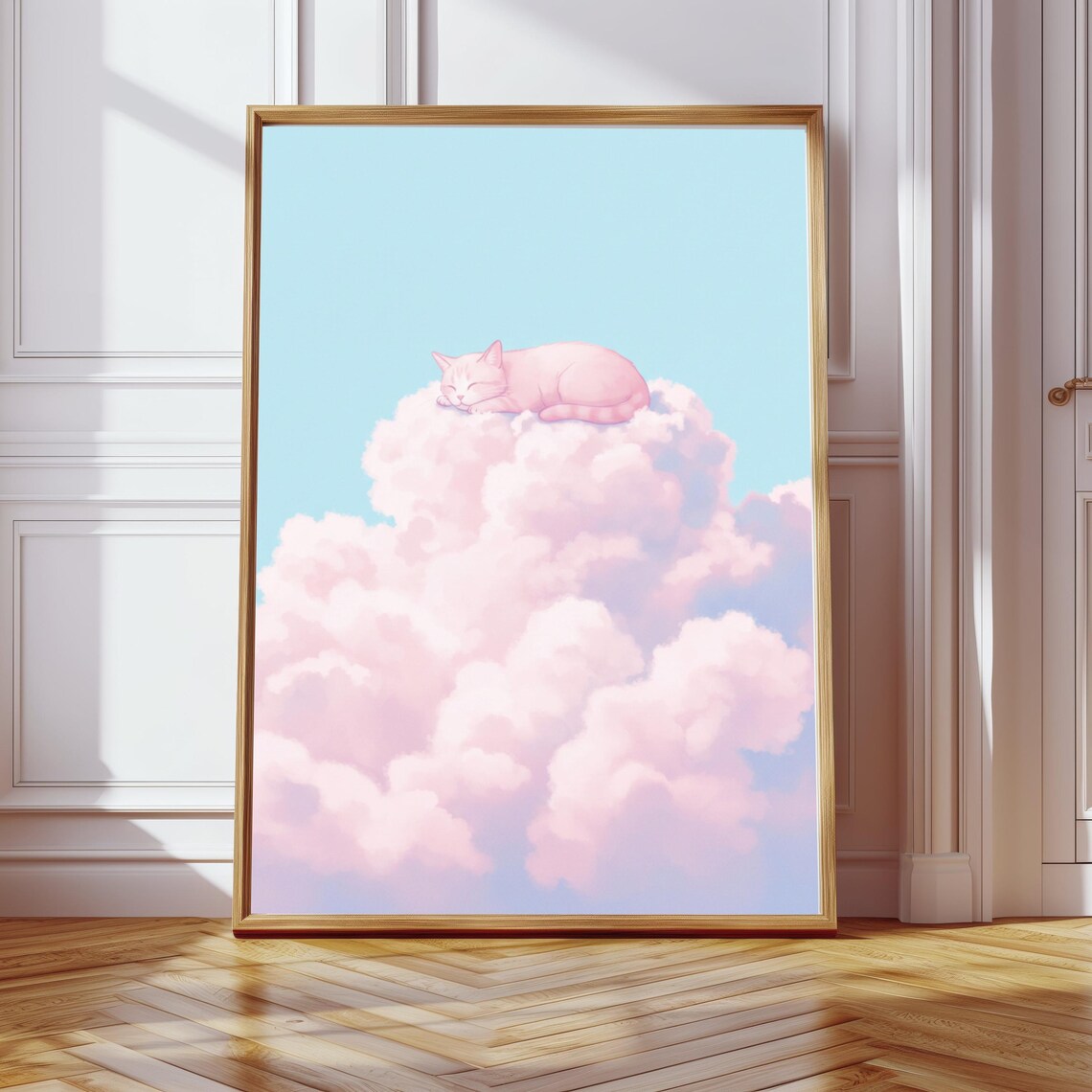 Dreamy Cat On Cloud Art Print Whimsical Nursery Decor