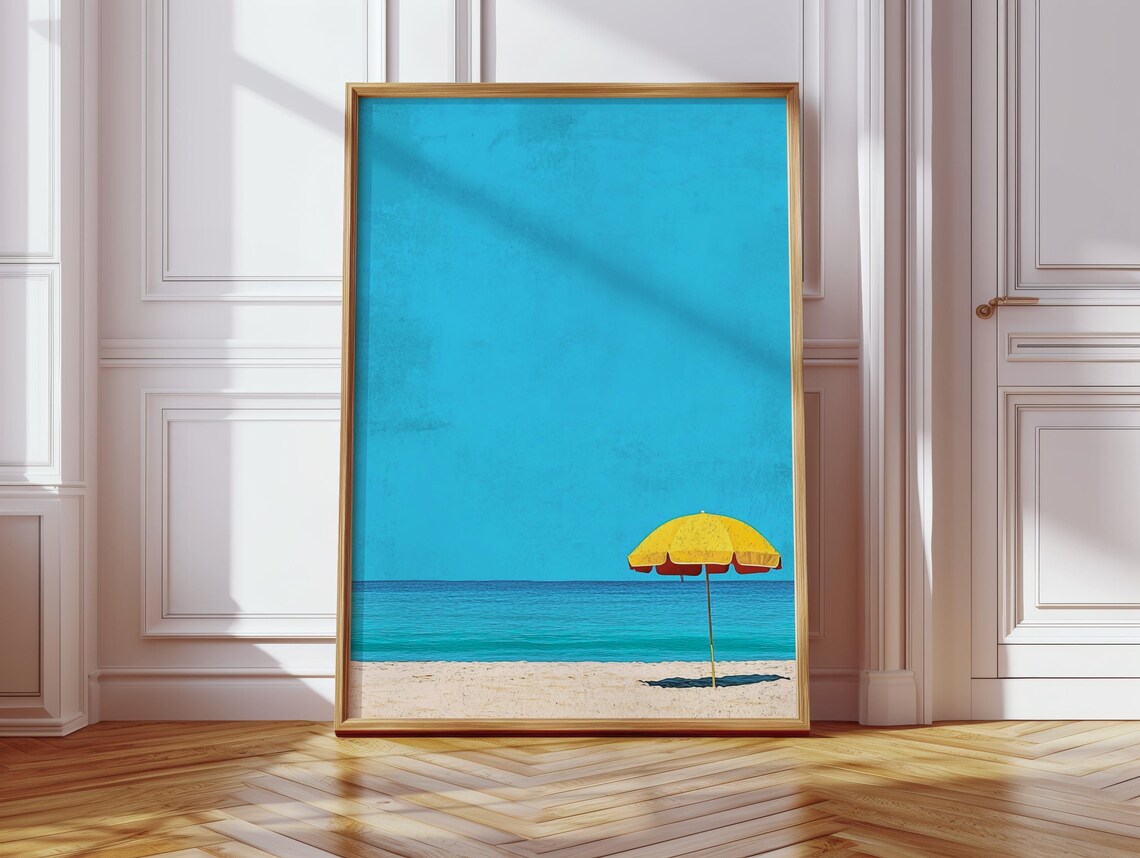 Lone Yellow Parasol Turquoise Sea Minimalist Beach Art Poster