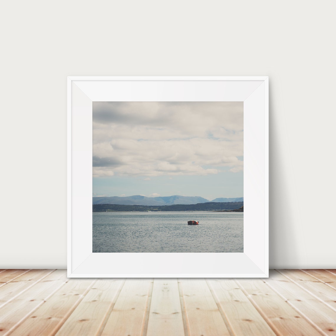 Red Boat Calm Sea Distant Hills Anglesey Coast Photography Poster