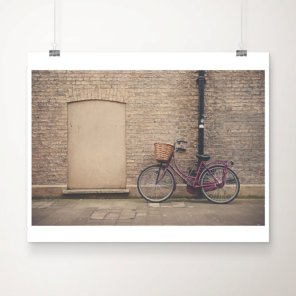 Vintage Maroon Bicycle With Basket Against Brick Wall Cycling Poster