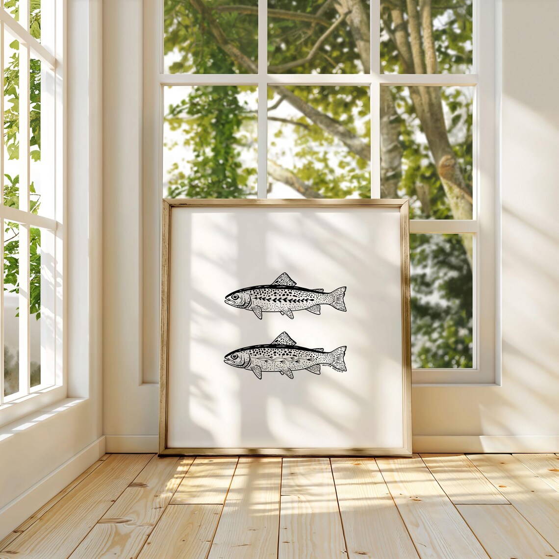 Fish Friends Black White Floral Botanical Nature Illustration Art Print - Image 3