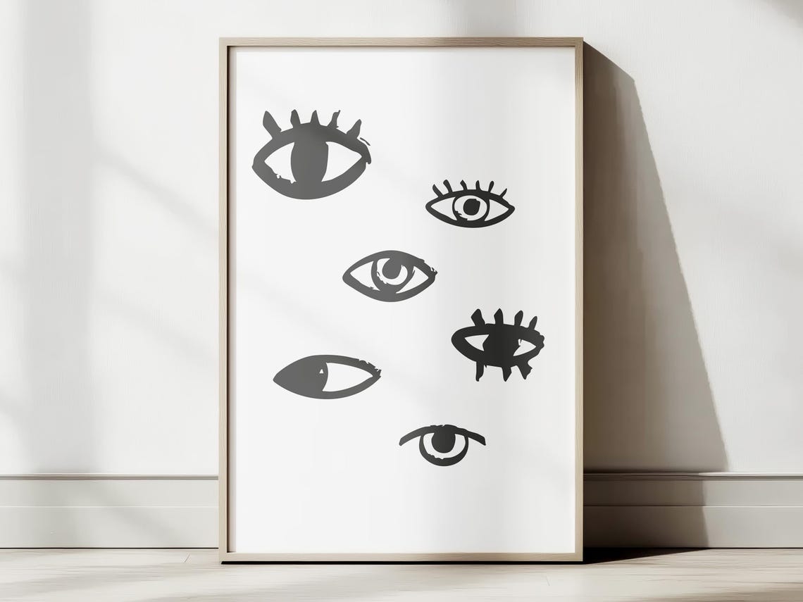 Quirky Black and White Hand Drawn Eyes Minimalist Modern Art Poster