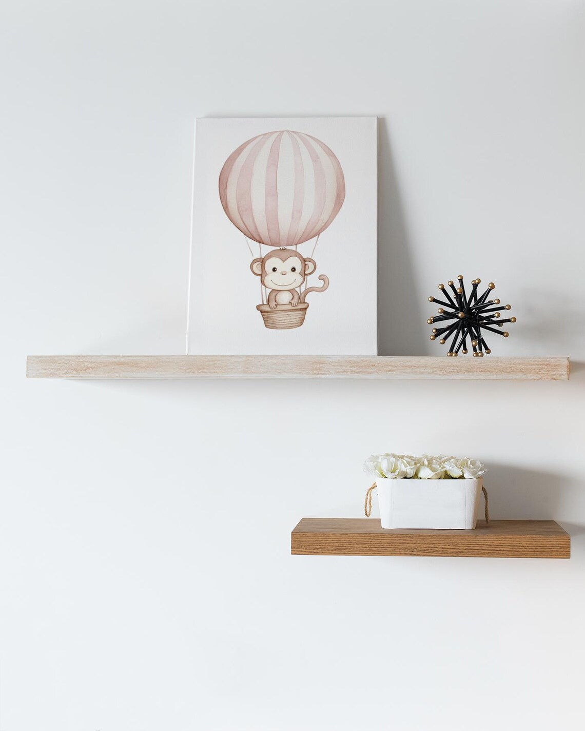 Playful Monkey in Pink Hot Air Balloon Watercolor Nursery Wall Art - Image 2