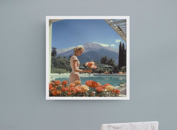 Vintage Poolside Woman Picking Roses Retro Mountain Art Poster