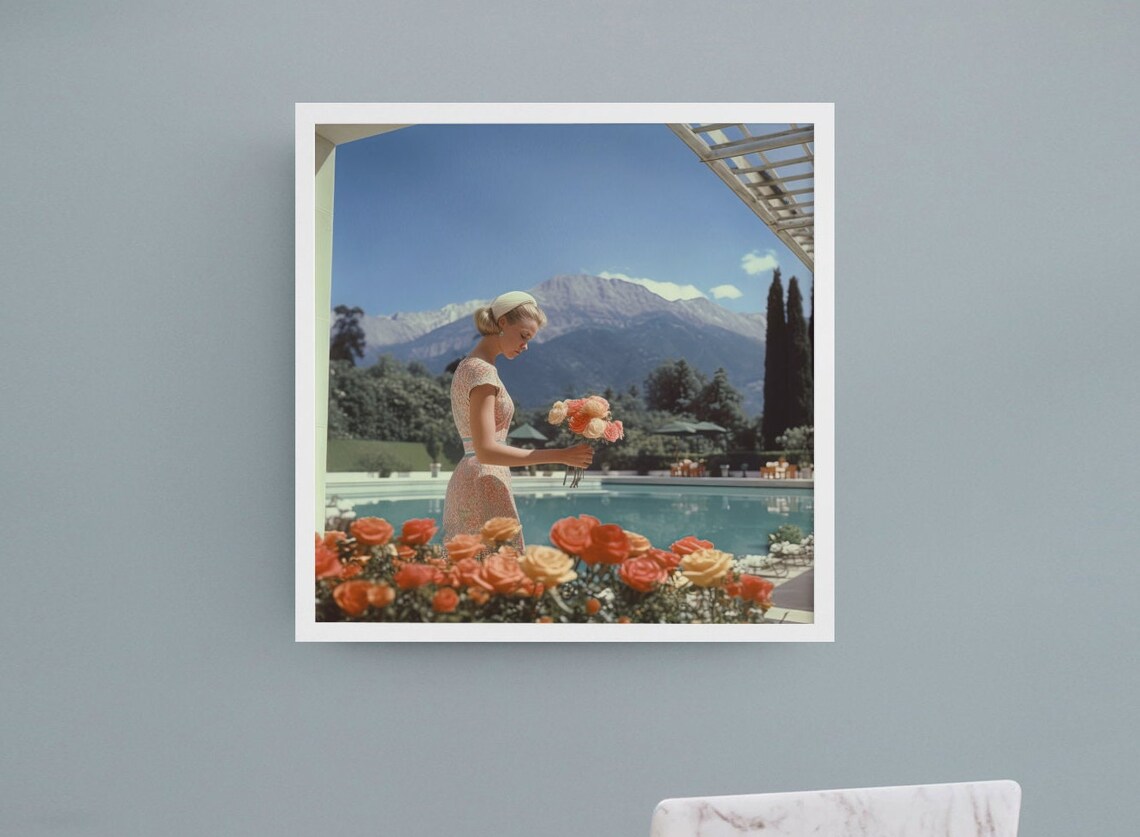Vintage Poolside Woman Picking Roses Retro Mountain Art Poster