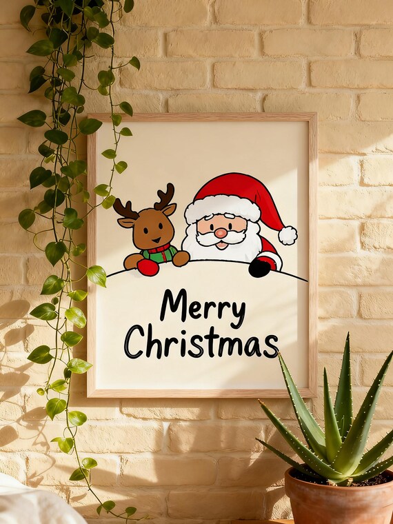 Merry Christmas Santa Reindeer Peeking Cartoon Cute Holiday Poster