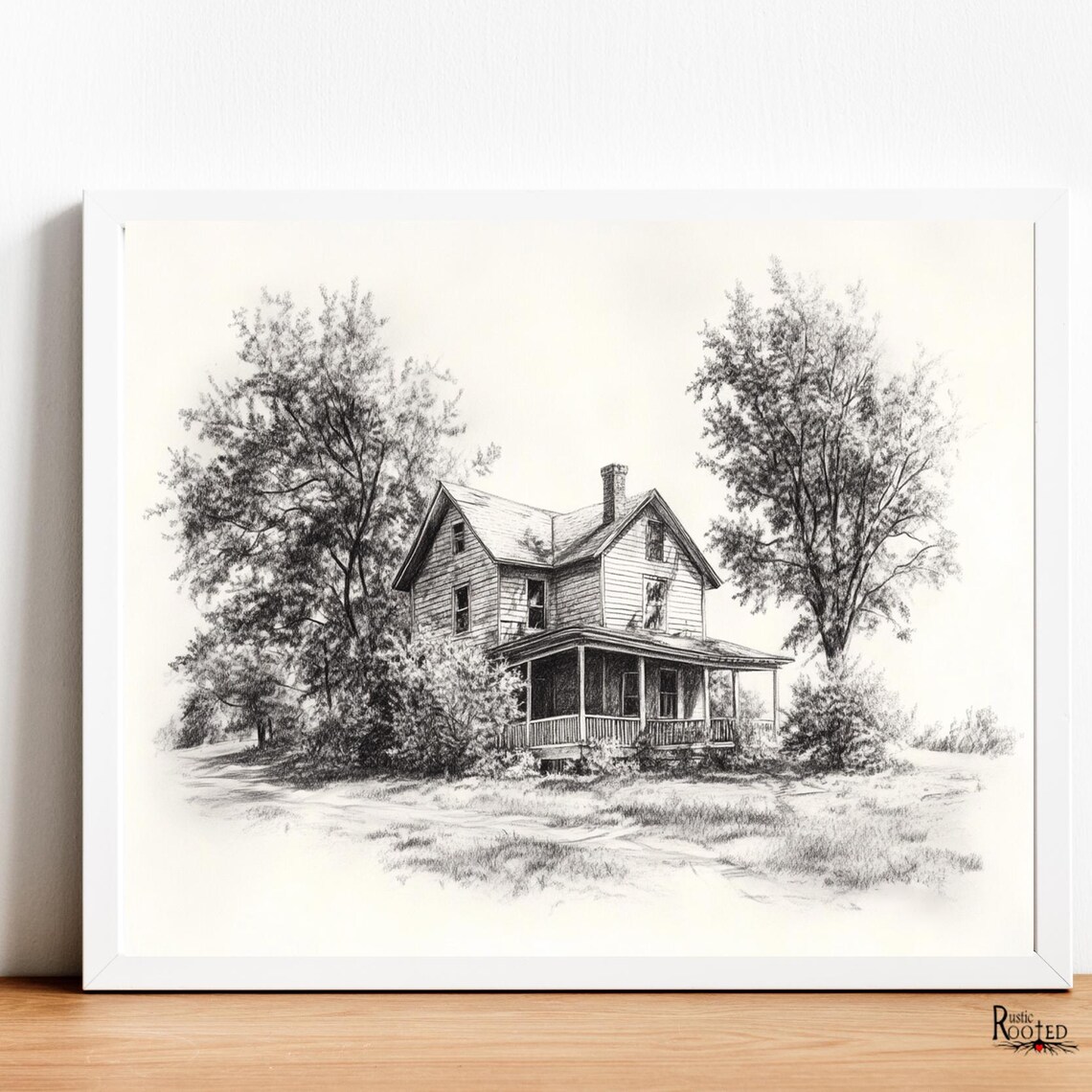 Historic Farmhouse Pencil Drawing Among Tall Leafy Trees Poster - Image 2