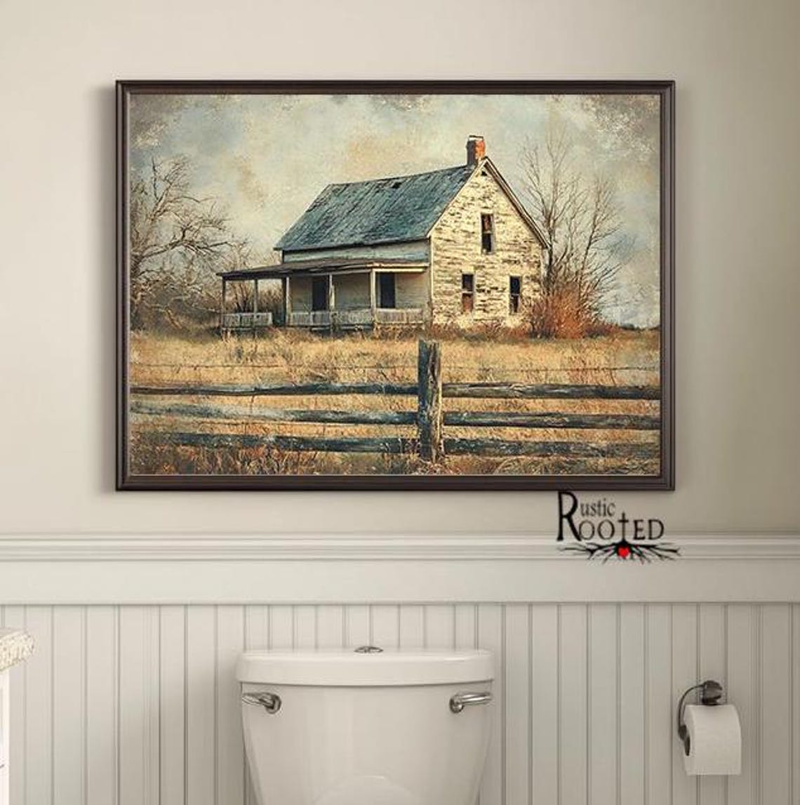 Abandoned White Farmhouse with Porch Behind a Rustic Fence Poster - Image 4