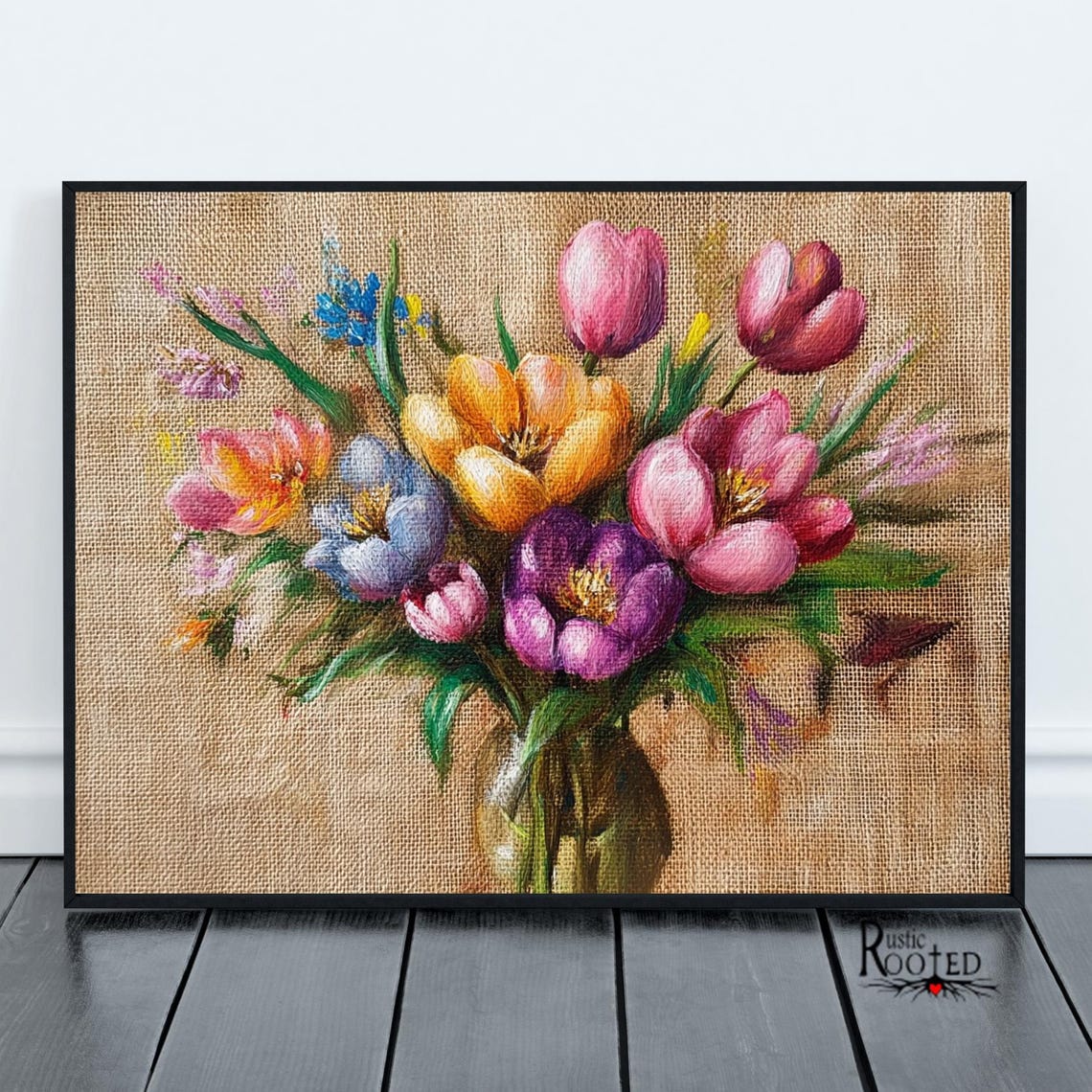 Colorful Spring Flower Bouquet on Burlap Canvas Floral Art Poster - Image 4