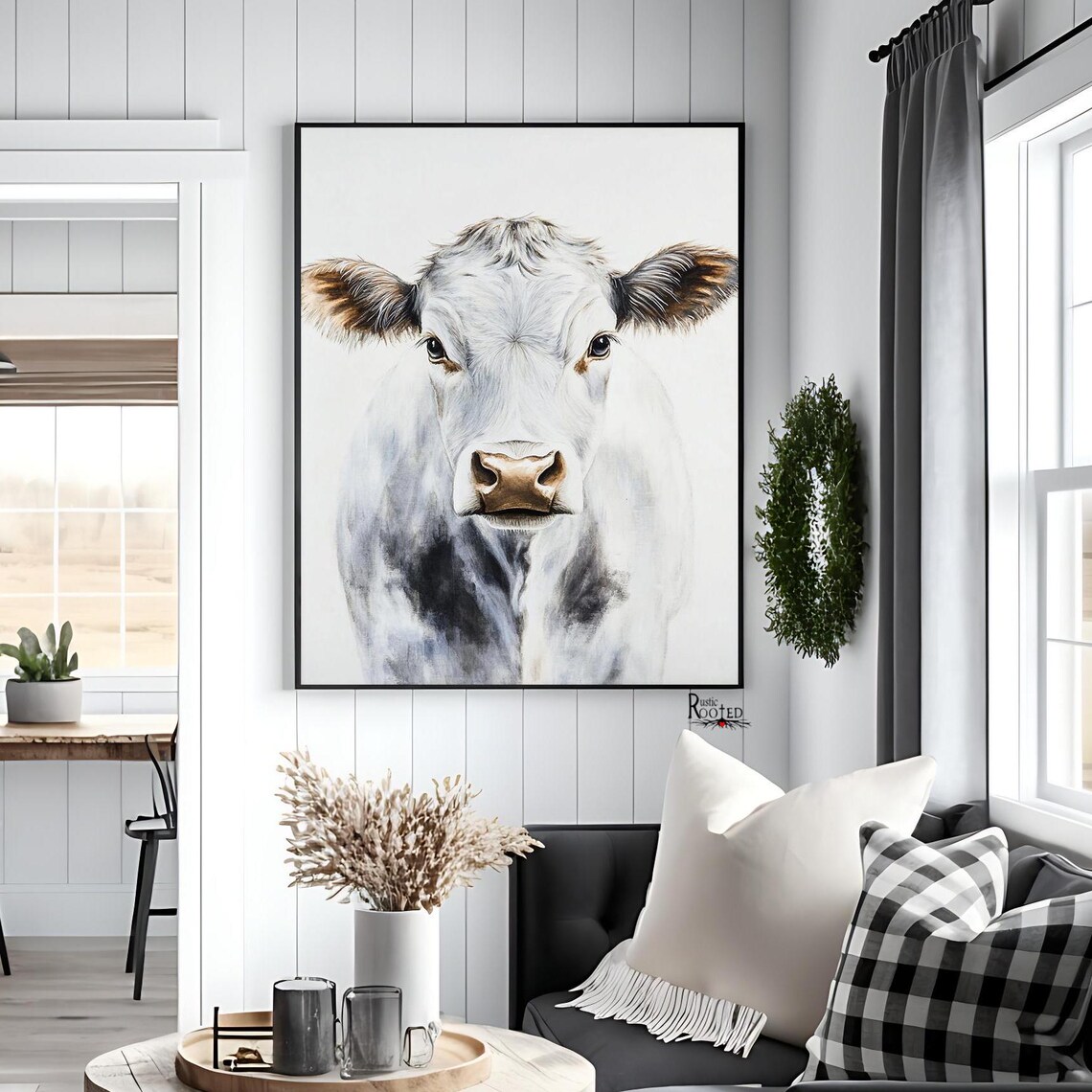 Front-Facing White Cow Portrait on White Minimalist Farm Poster - Image 2
