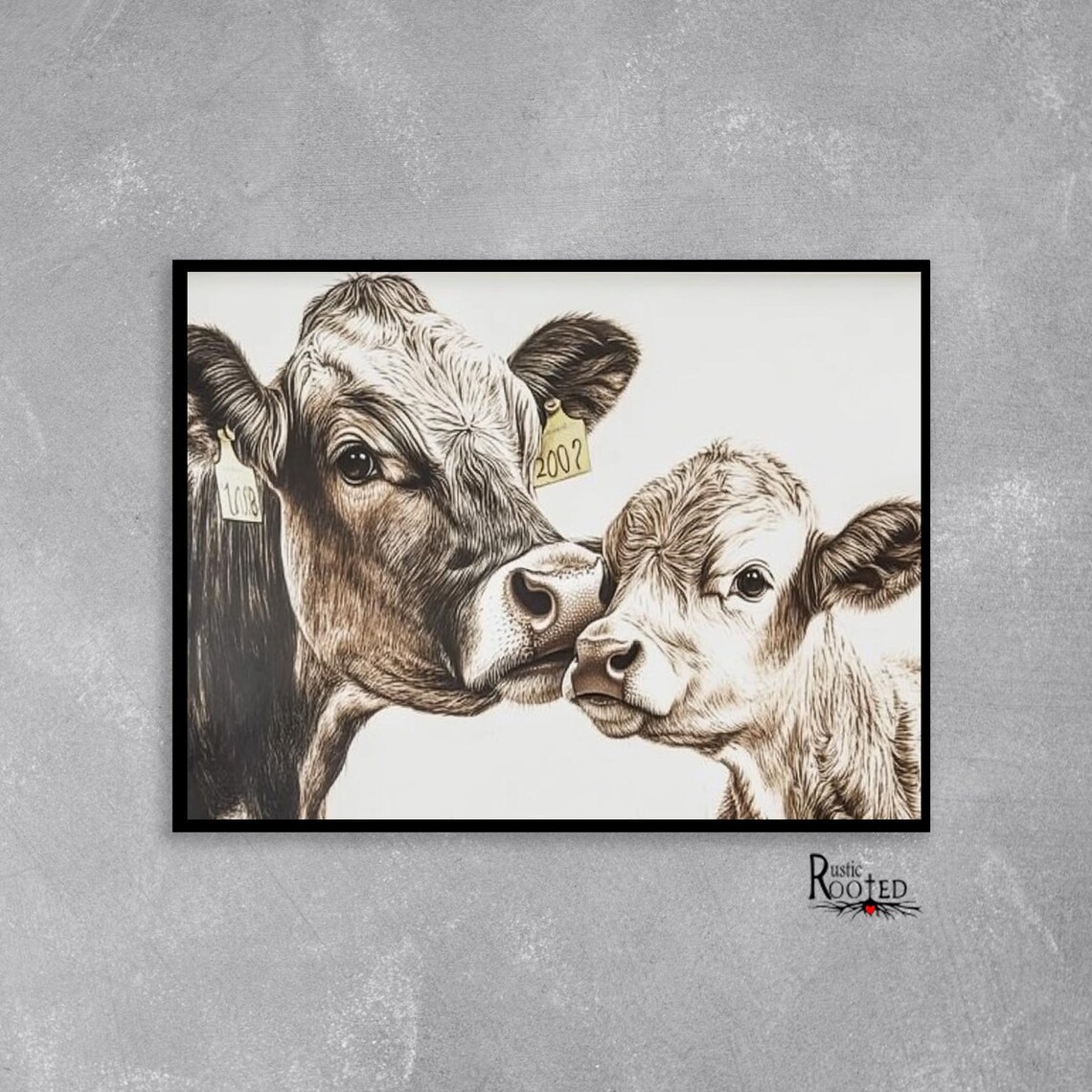 Mother Cow and Calf Nuzzling Sepia Tone Farm Animal Art Poster - Image 3