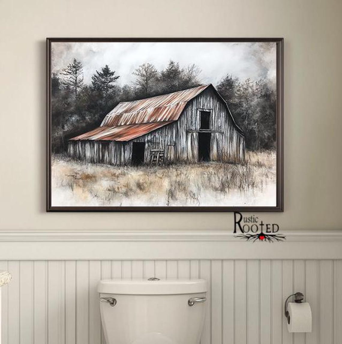 Charcoal Drawing of Weathered Barn with Rusty Red Roof Poster
