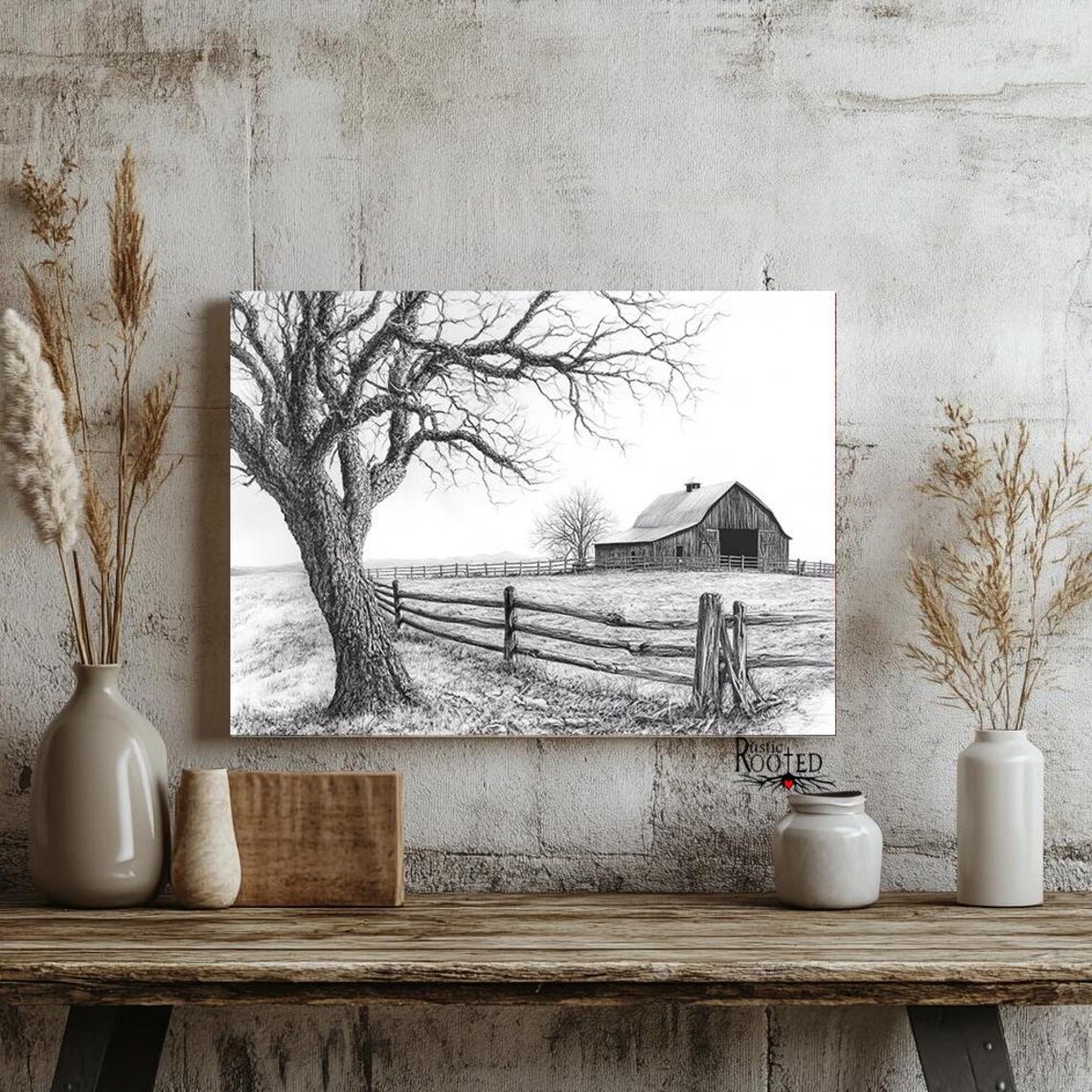 Charcoal Drawing of a Big Oak Tree Barn and Wooden Fence Poster - Image 3