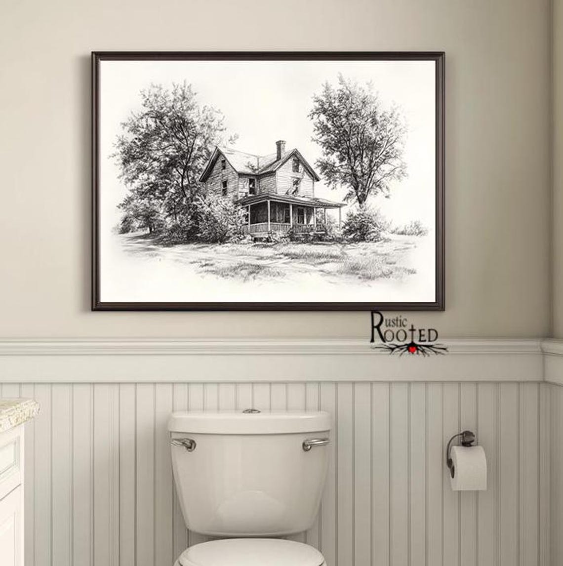 Historic Farmhouse Pencil Drawing Among Tall Leafy Trees Poster - Image 3