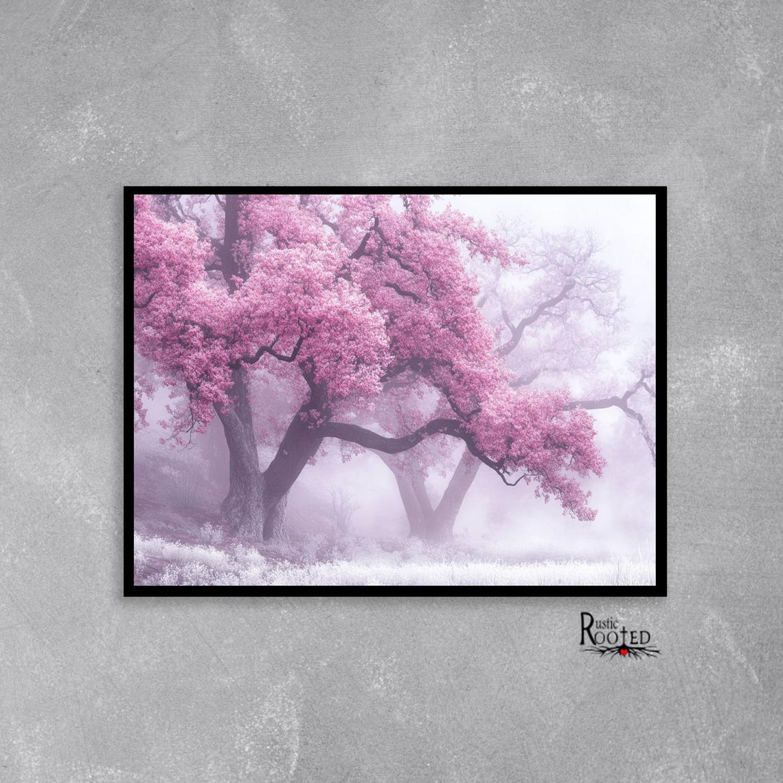 Pink Flowering Trees in Soft Foggy Spring Landscape Scene Poster - Image 4