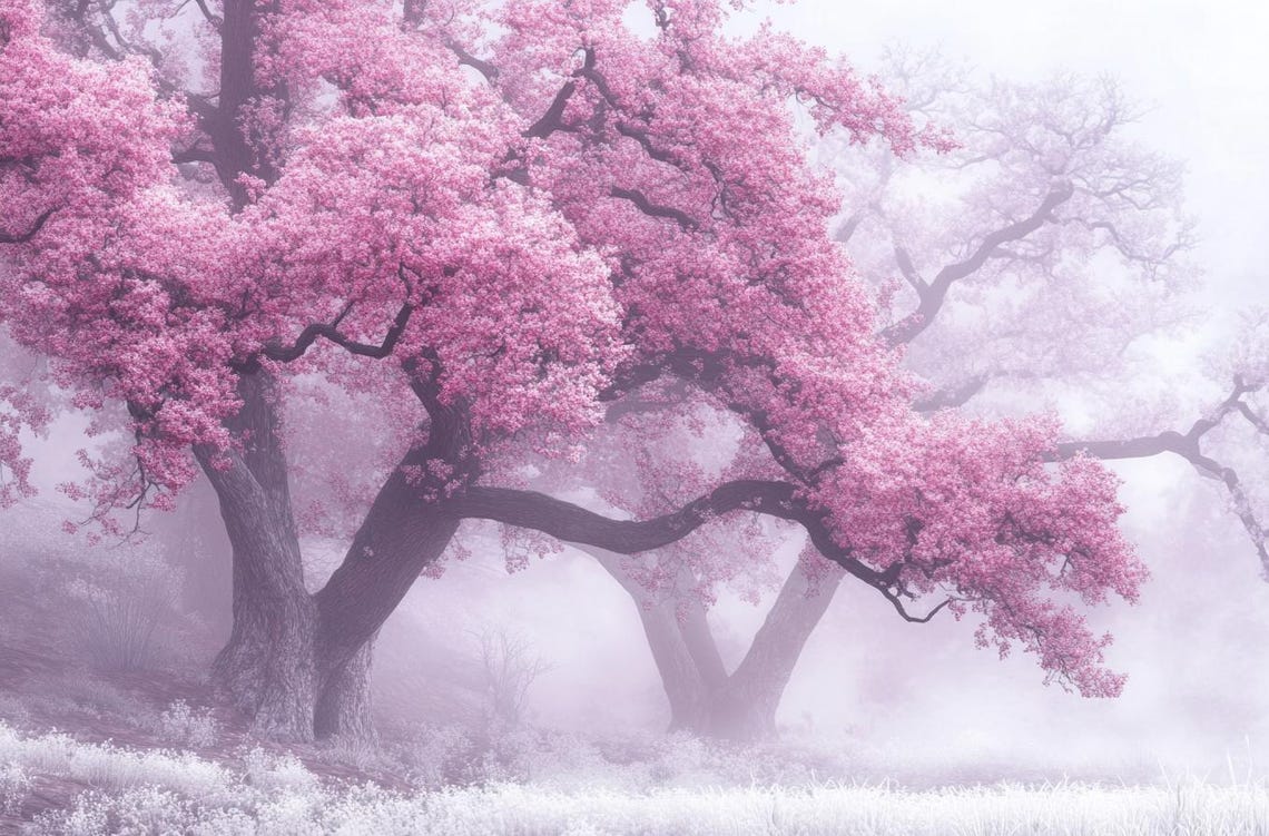 Pink Flowering Trees in Soft Foggy Spring Landscape Scene Poster - Image 2