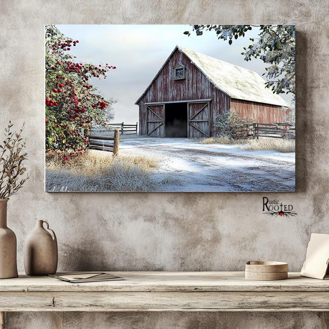 Red Barn in Winter with Frosted Roof and Red Berry Bush Poster - Image 3