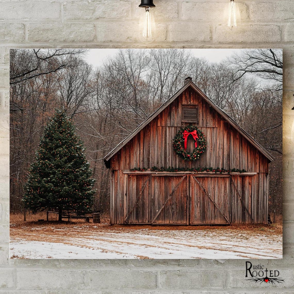 Rustic Wooden Barn Decorated for Christmas in the Snow Poster