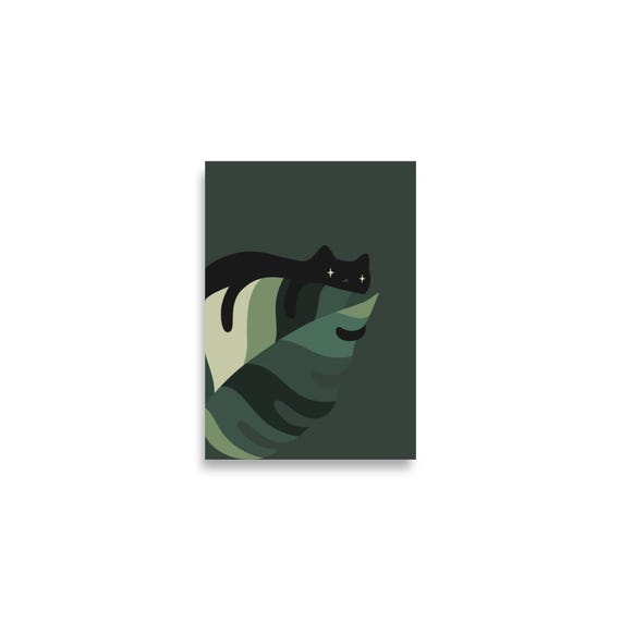 Cat and Plant Black Art Print