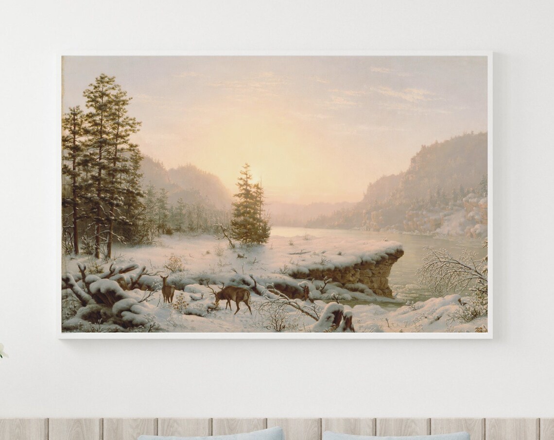 Deer Grazing at a Snowy Lakeshore Beneath a Winter Sunrise Poster - Image 3