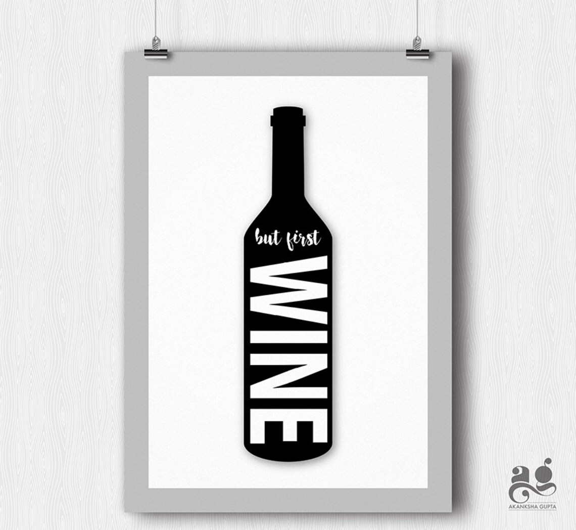But First Wine Bottle Silhouette Typography Poster Funny Wine Lover Gift - Image 2