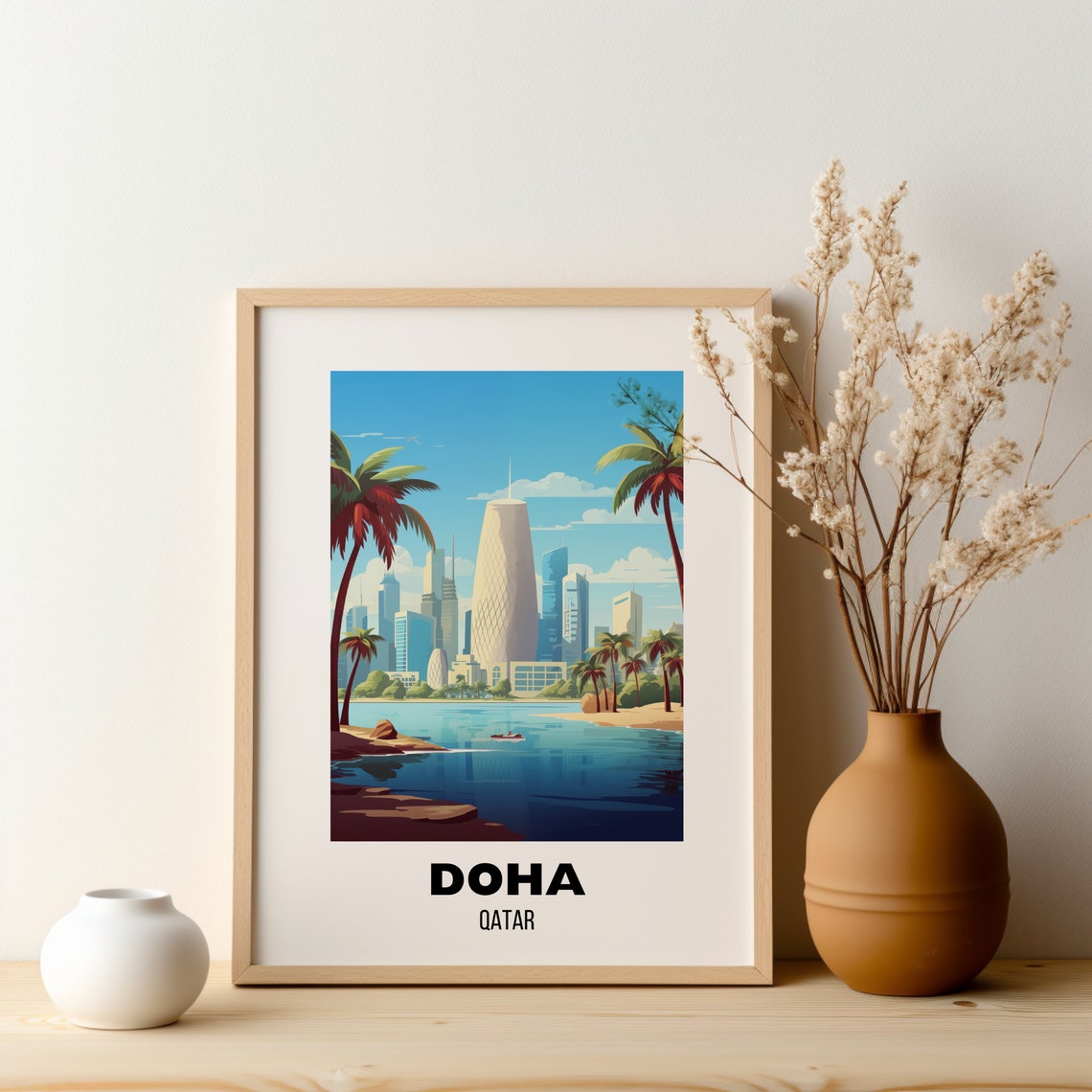 Doha Qatar Futuristic Skyline Waterfront Palm Trees Travel Poster - Image 2