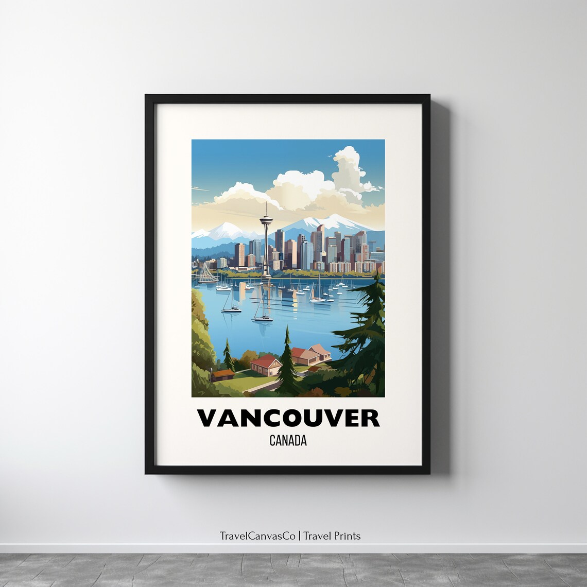 Vancouver Canada Skyline Travel Poster With Harbor and Mountains