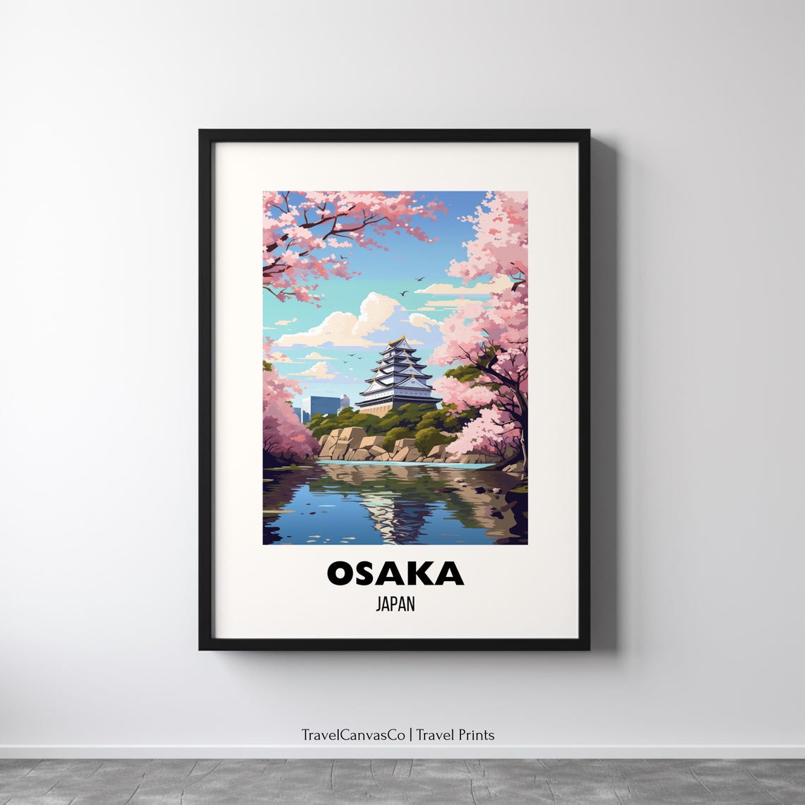 Osaka Japan Cherry Blossom Castle Spring Vintage Travel Poster