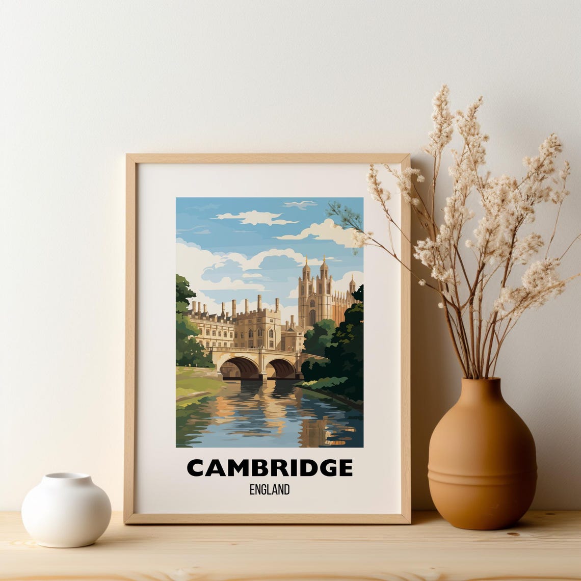 Cambridge England Travel Poster With Historic River Bridge View - Image 2