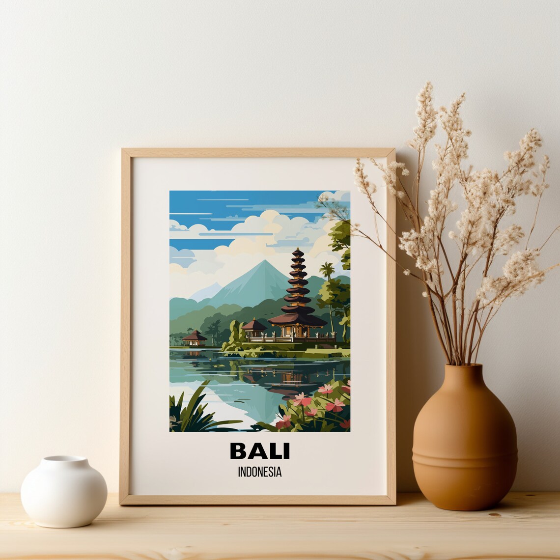 Bali Indonesia Lakeside Temple Lotus Pond Vintage Travel Poster - Image 2