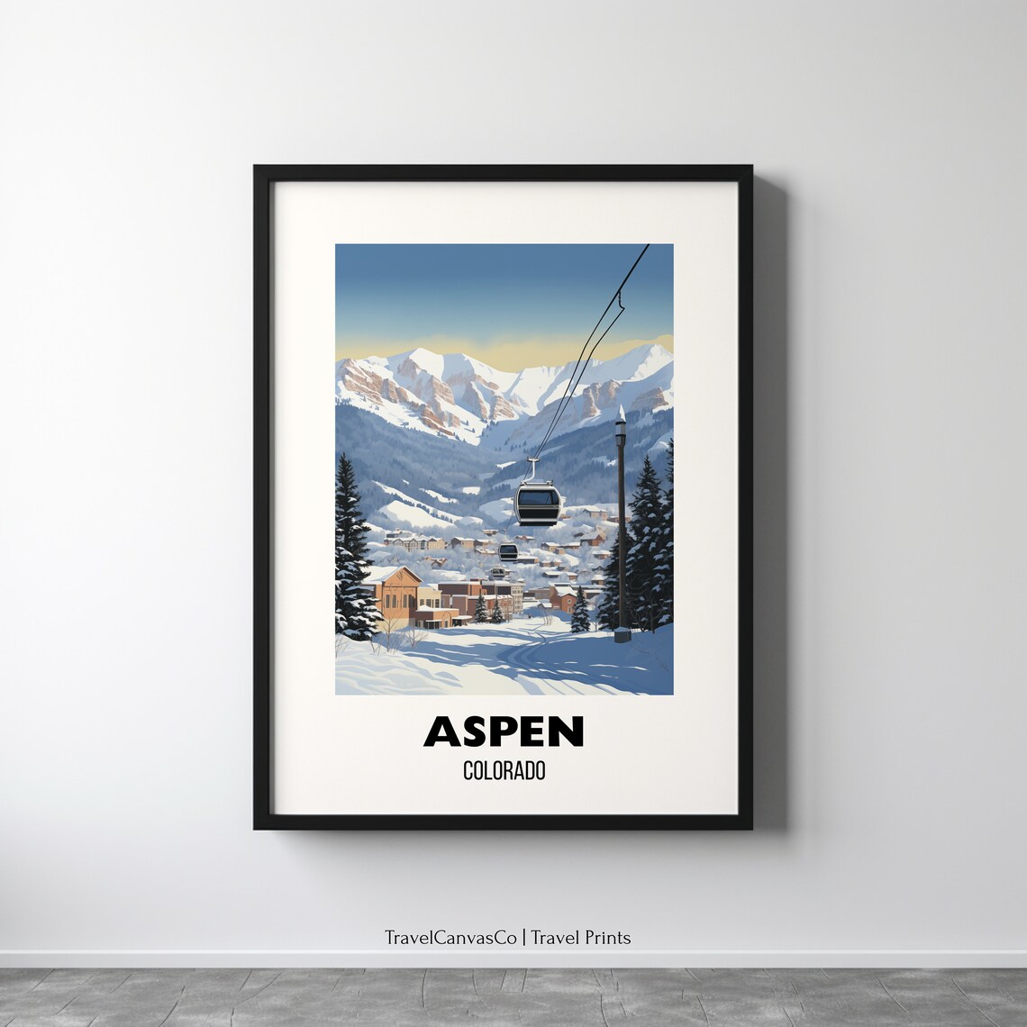 Aspen Colorado Gondola Over Snowy Village Winter Travel Poster
