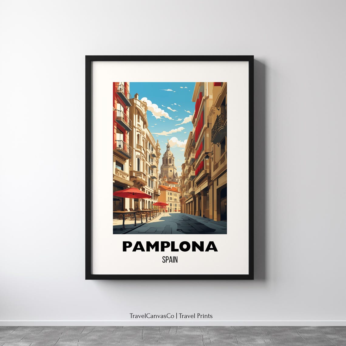 Pamplona Spain Sunny Old Town Street Cathedral Travel Poster
