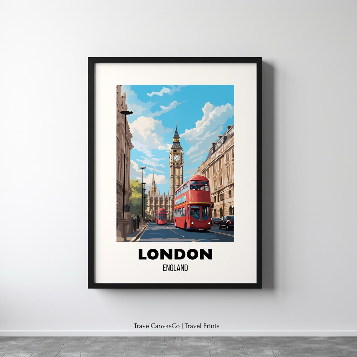 London England Big Ben Red Bus Street Scene Vintage Travel Poster
