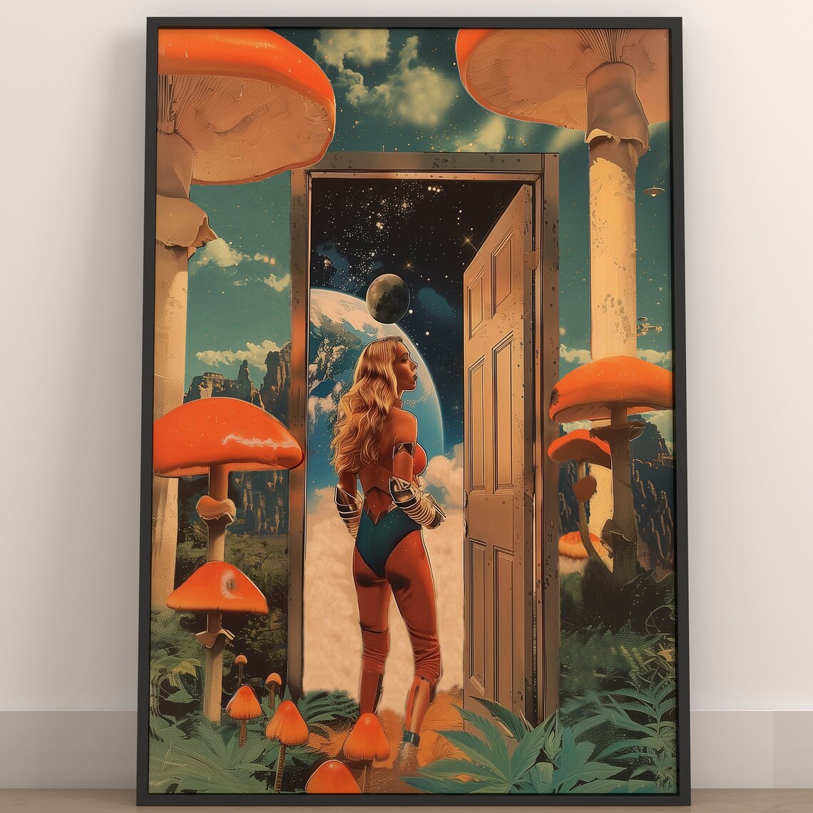 Surreal Astronaut, Retrofuturistic Cosmic Mushroom Poster