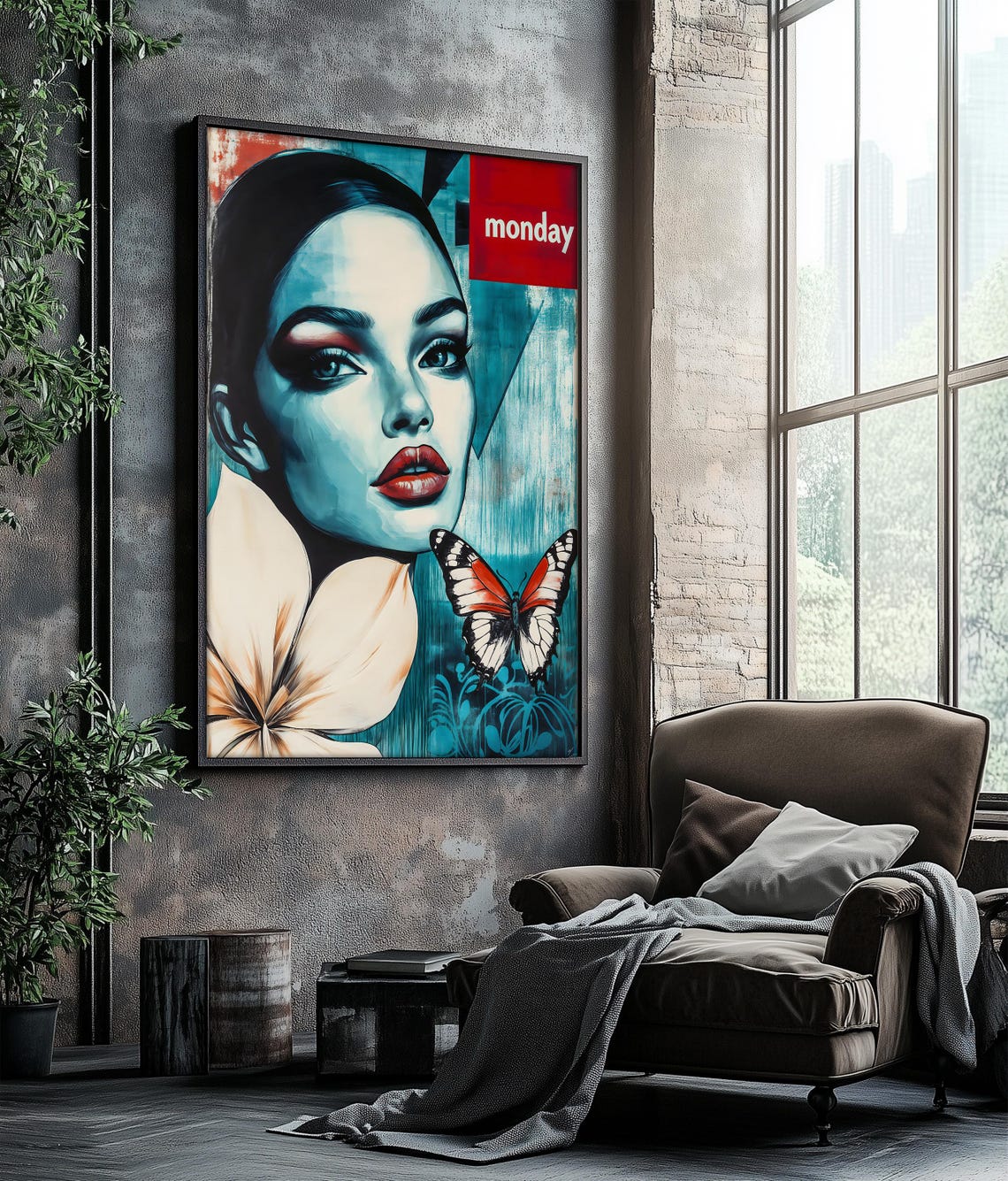 Pop Art Woman Butterfly Monday Teal Portrait Modern Wall Poster