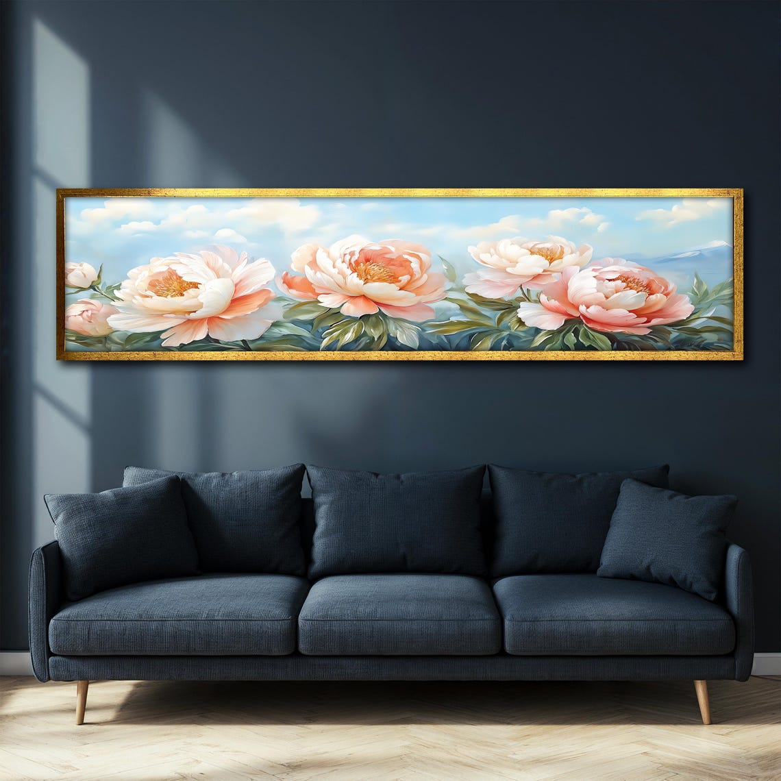 Soft Pink Peonies Under Blue Sky Panoramic Floral Wall Art Poster